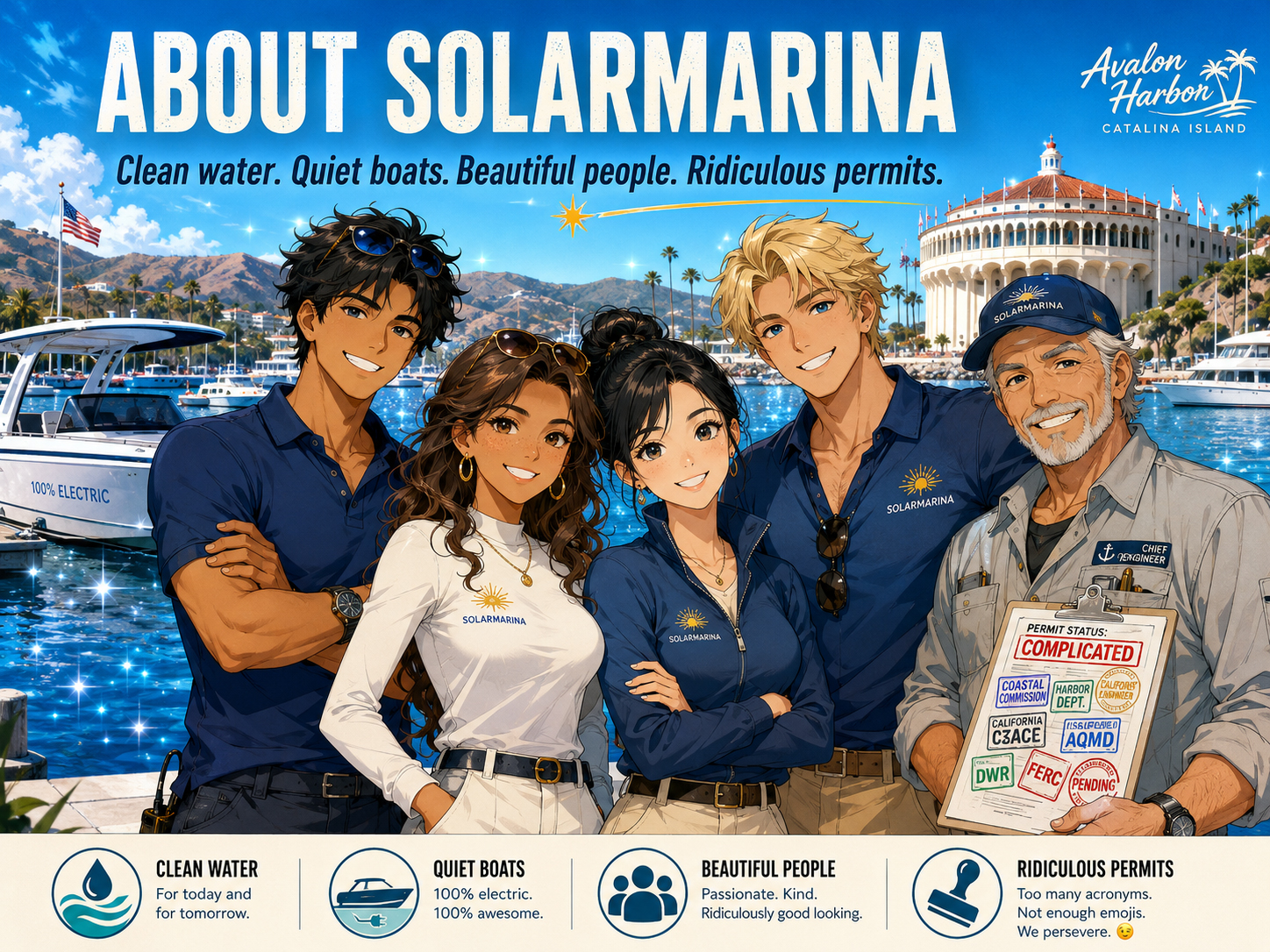 SolarMarina clean marina team on Catalina Island with electric boats, solar power, and sparkling harbor water