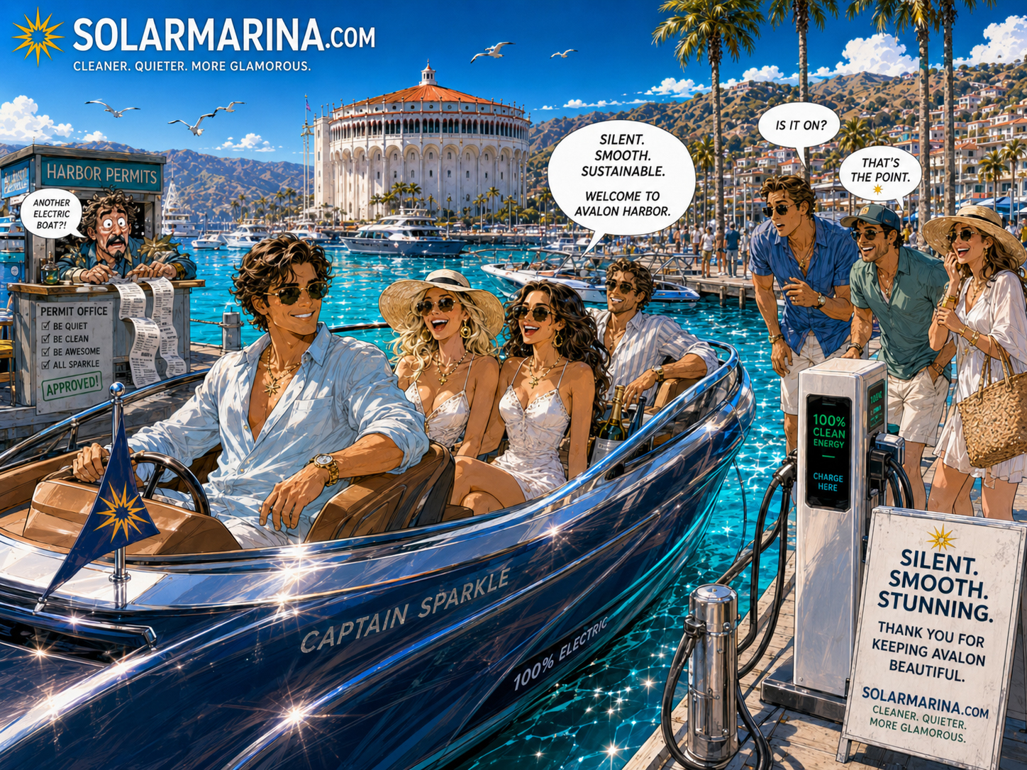 Beautiful people arriving silently in an electric boat at Avalon Harbor