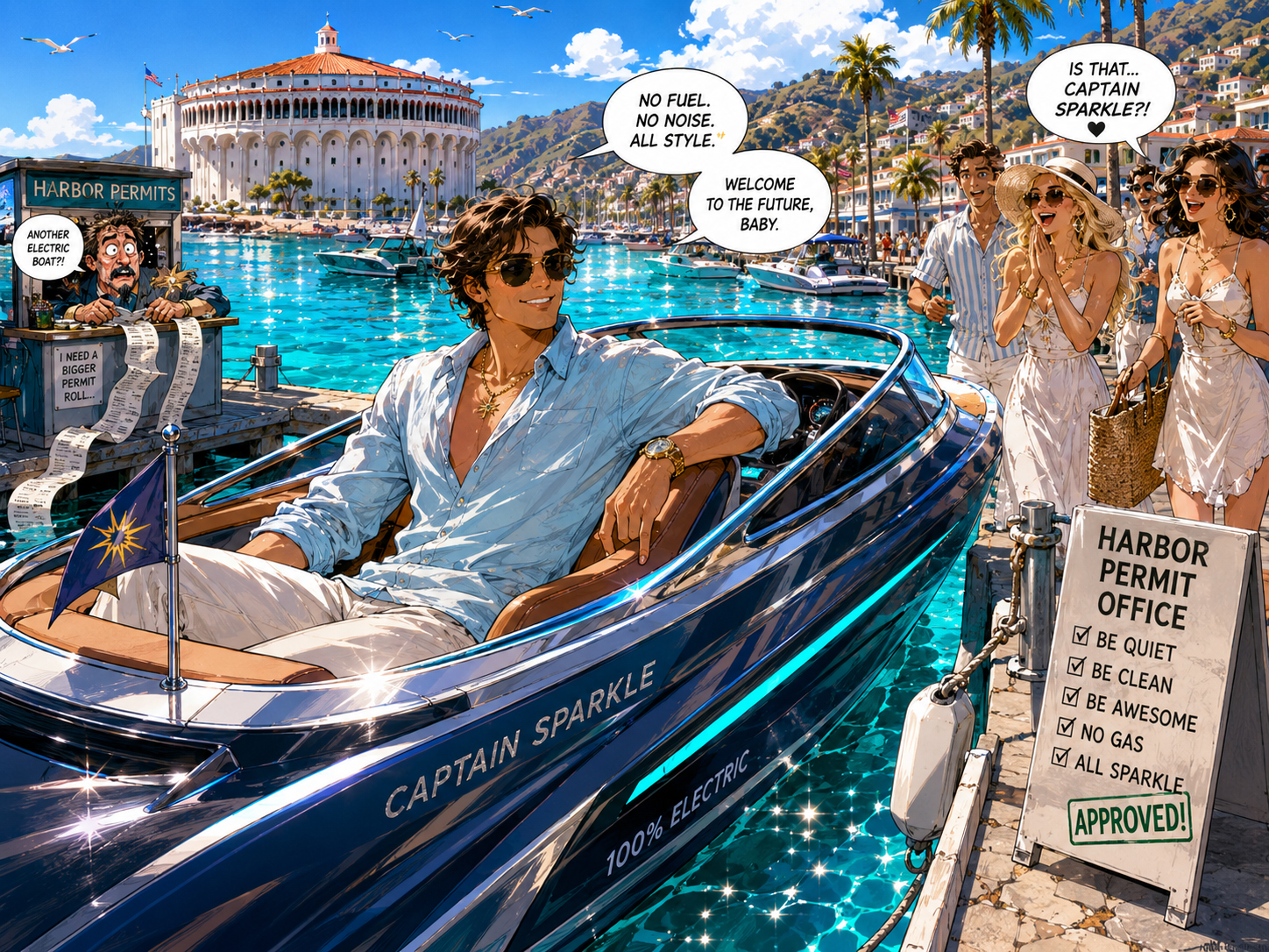 Captain Sparkle arriving handsomely in an electric boat