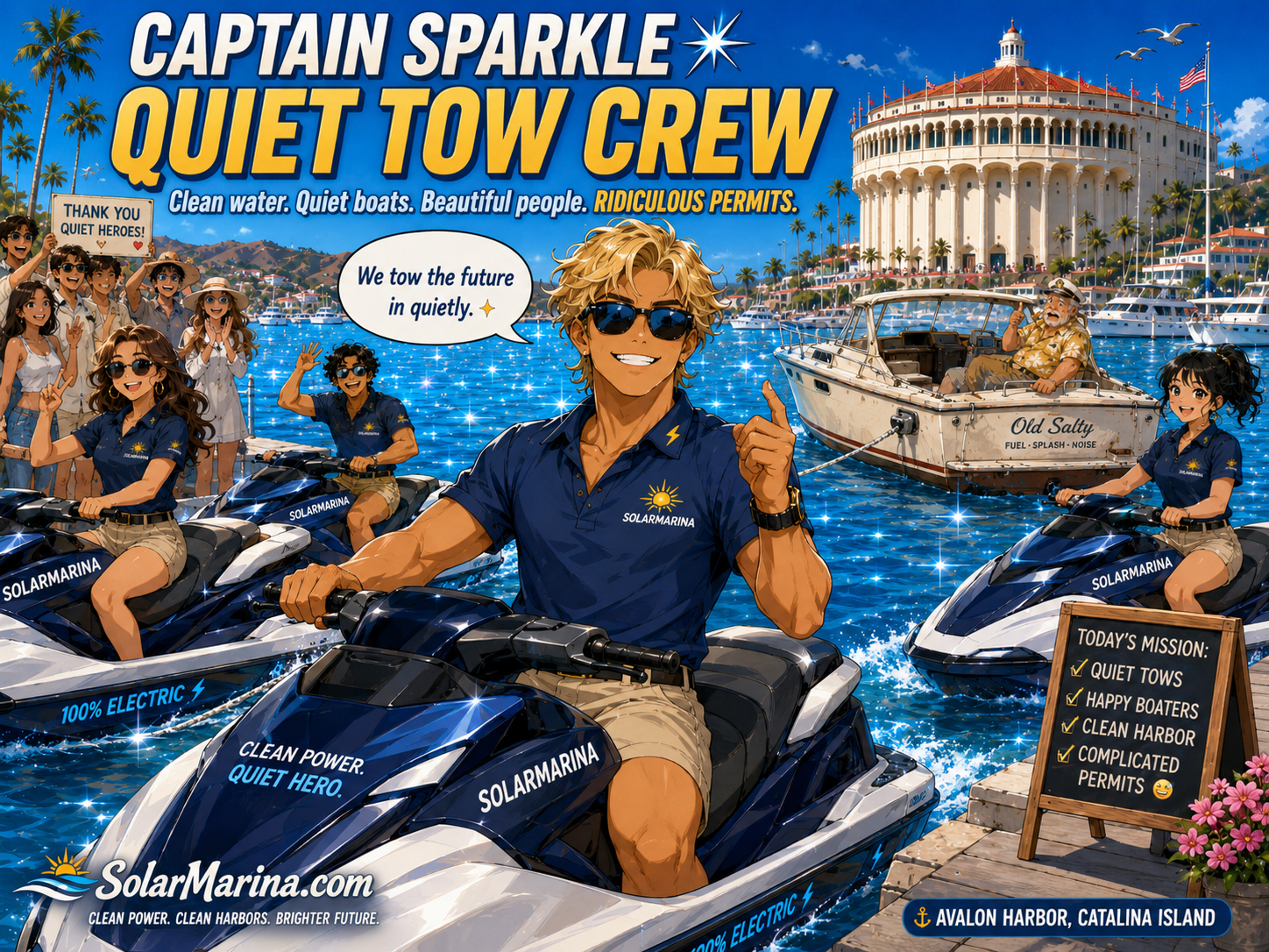 Captain Sparkle and quiet electric tow crew