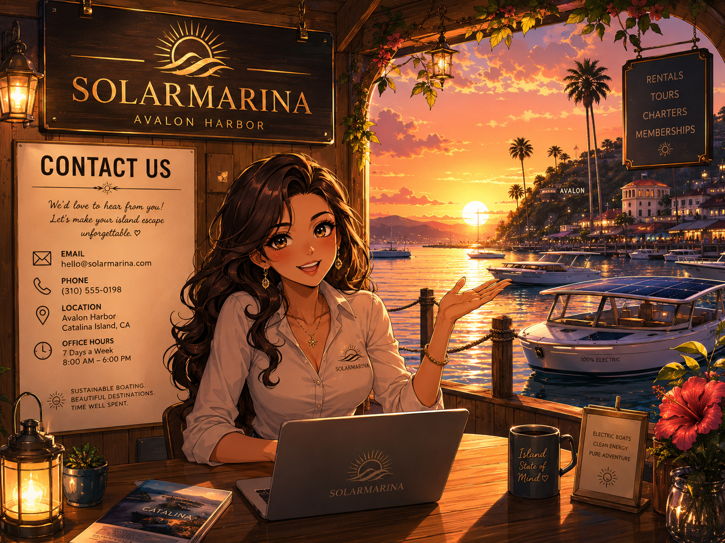 SolarMarina contact dockside office at sunset