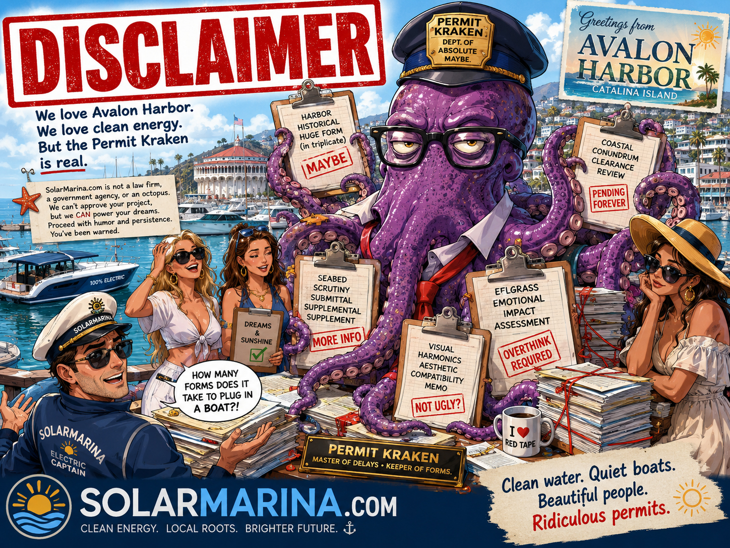 SolarMarina disclaimer illustration with ridiculous permits and clipboard chaos