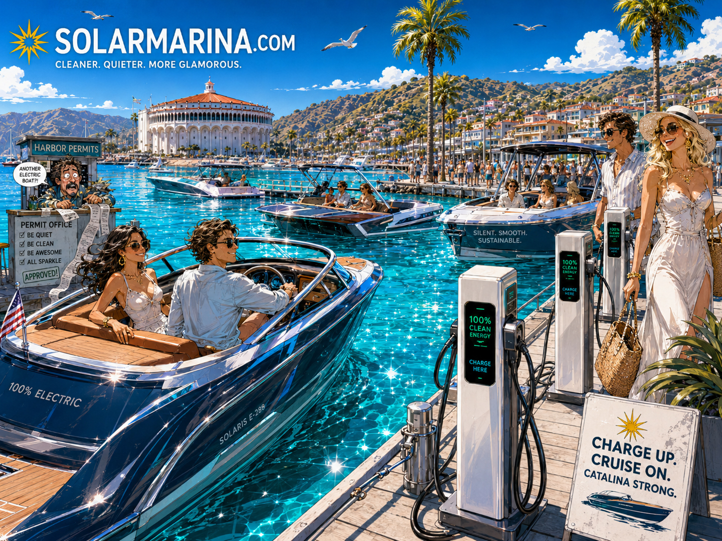 Electric boat charging docks at Avalon Harbor