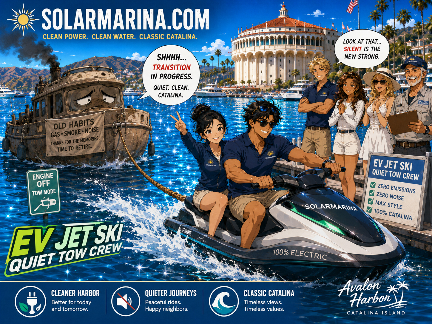 Electric Jet Ski quietly towing a fossil fuel boat into harbor