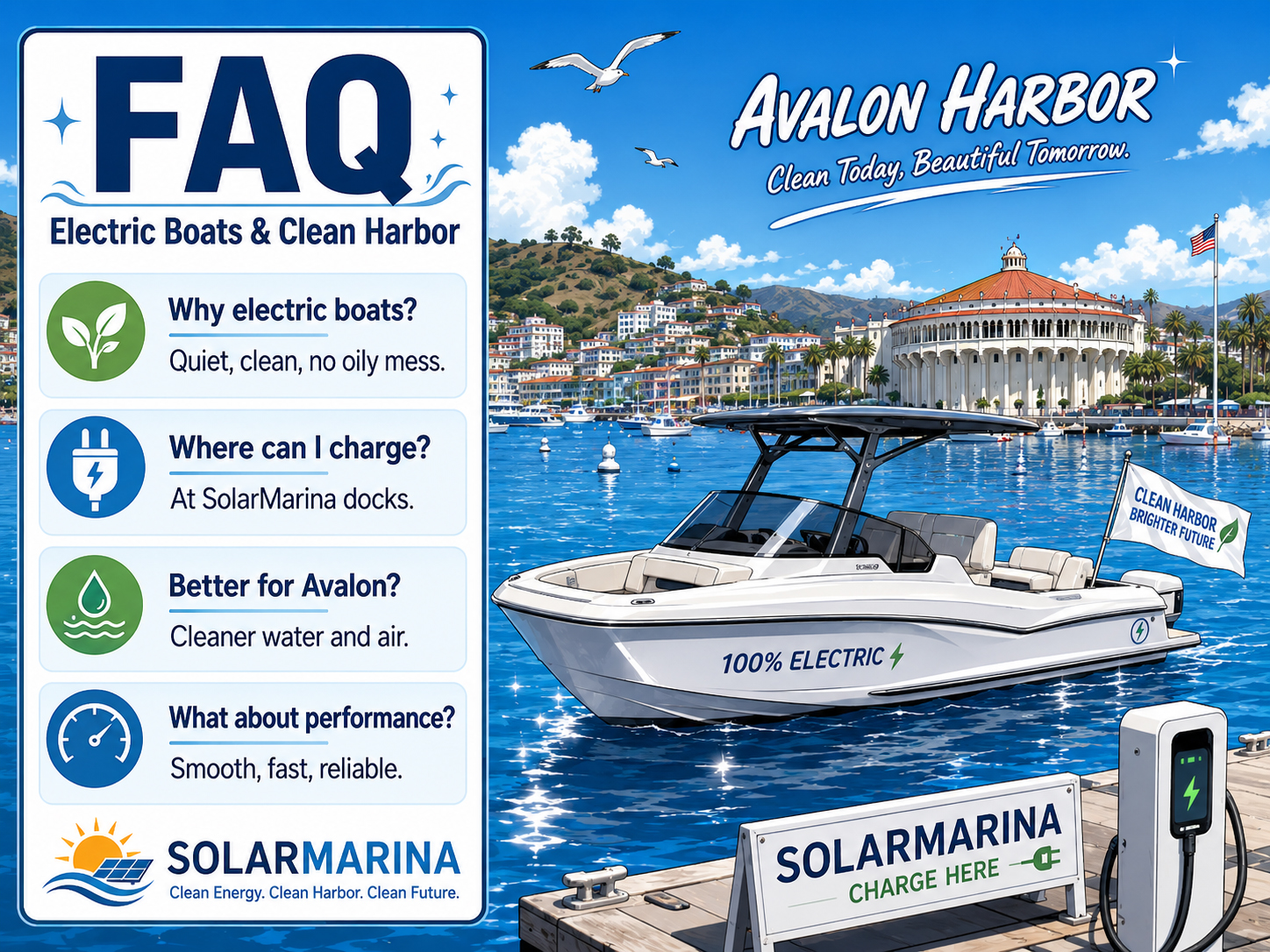 SolarMarina FAQ illustration with electric boats, clean Avalon Harbor, and comic questions
