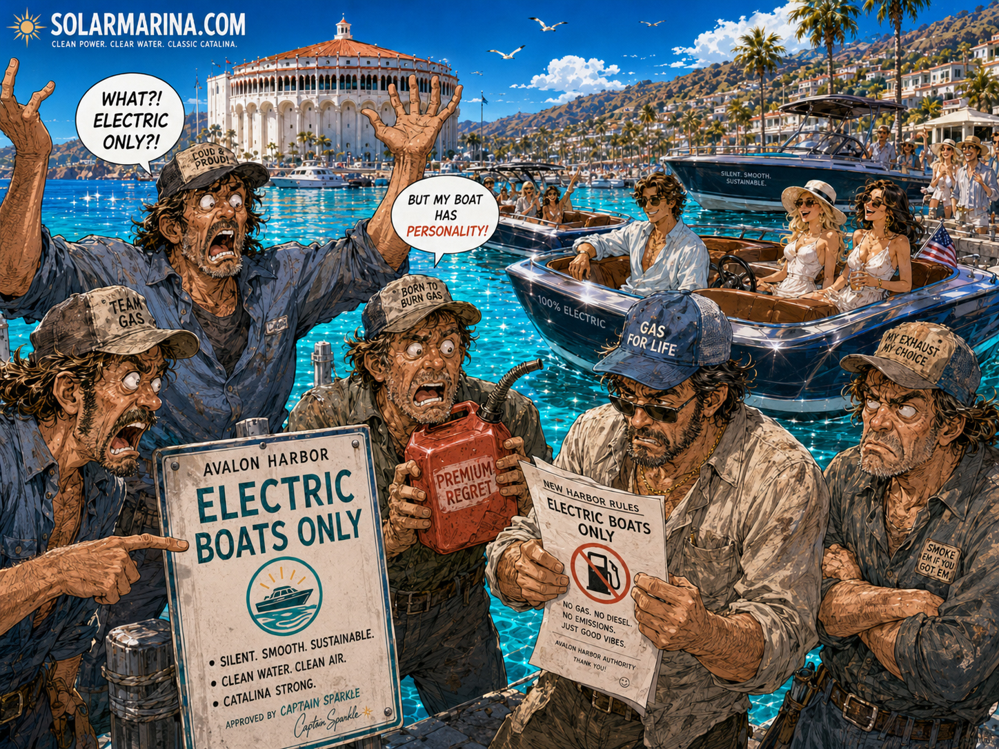 Gas boat captains reacting comically to the electric-only harbor rule