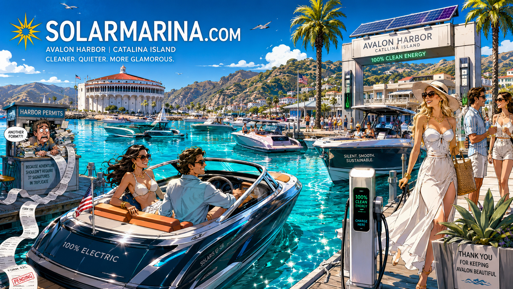 SolarMarina hero showing Avalon Harbor with electric boats and sparkling water