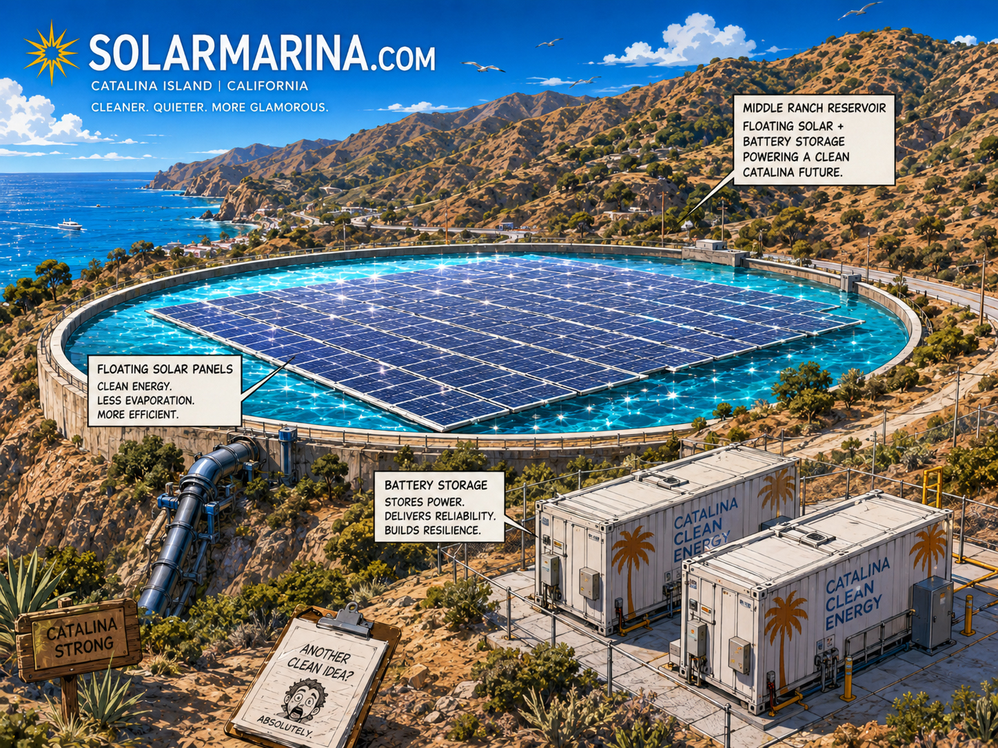 Floating solar reservoir concept at Middle Ranch on Catalina Island
