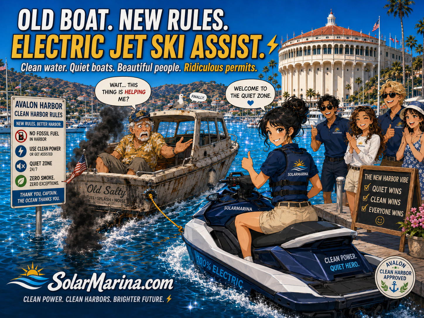 Electric Jet Ski assisting an older boat under new clean harbor rules