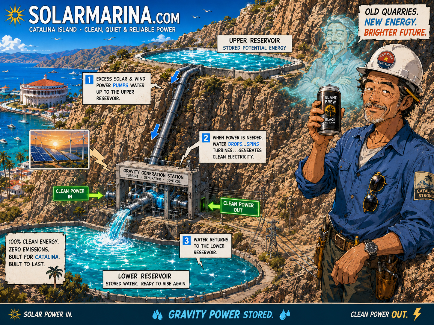 Old quarry gravity generation system concept for Catalina Island