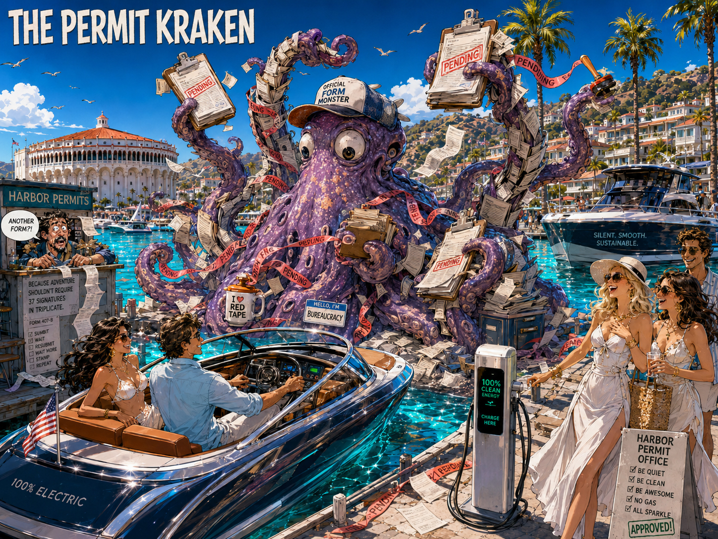 Permit Kraken with clipboards and stamps causing permit chaos