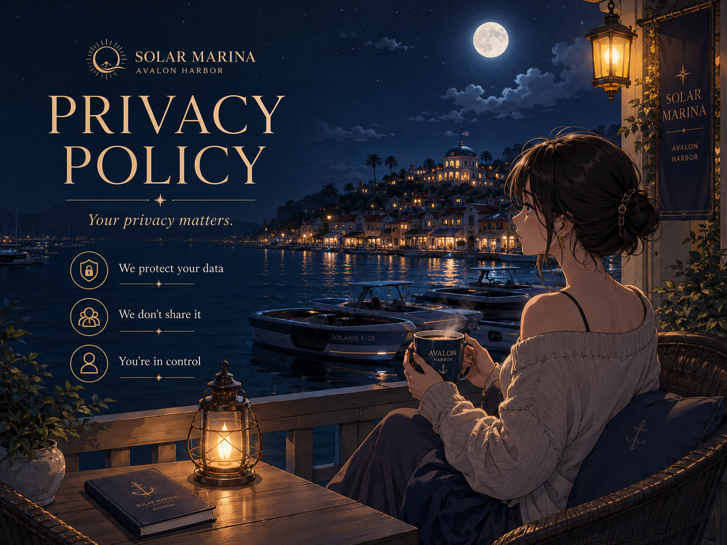 SolarMarina privacy page clean marina evening scene with quiet boats and sparkling harbor water