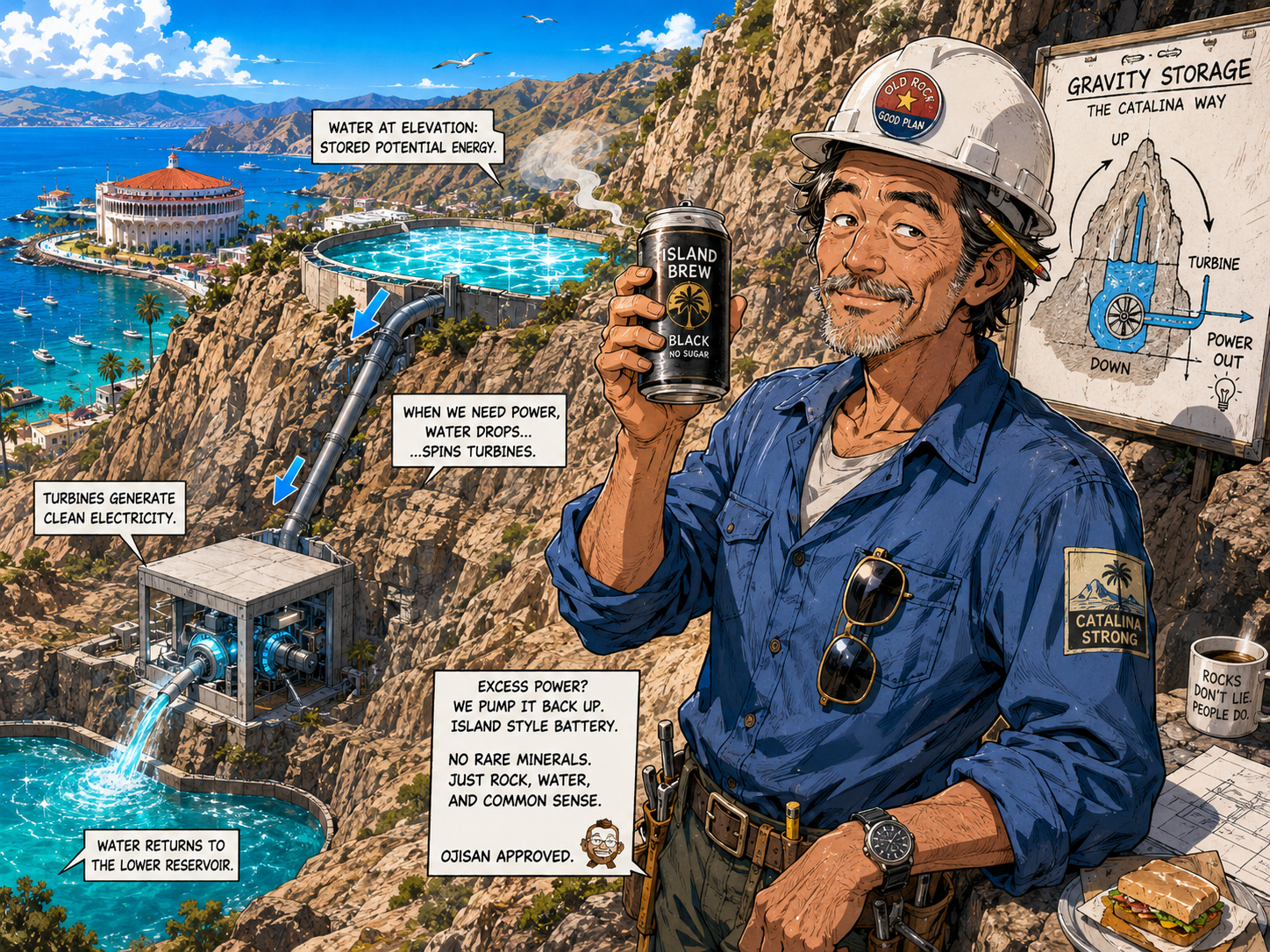 Quarry Ojisan explaining SolarMarina technology with hardhat and coffee
