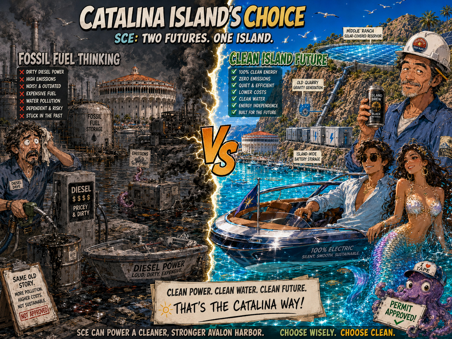 Catalina Island fossil fuel thinking versus clean island future illustration