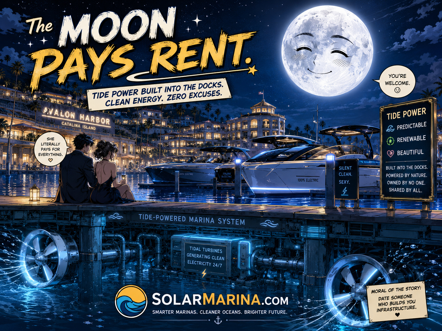 The moon pays rent through tide-powered docks in Avalon Harbor
