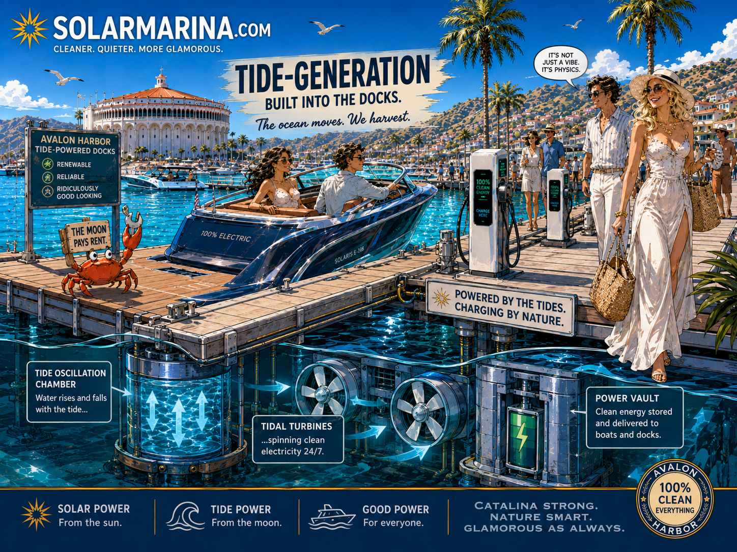 Tide generation system built into marina docks in Avalon Harbor